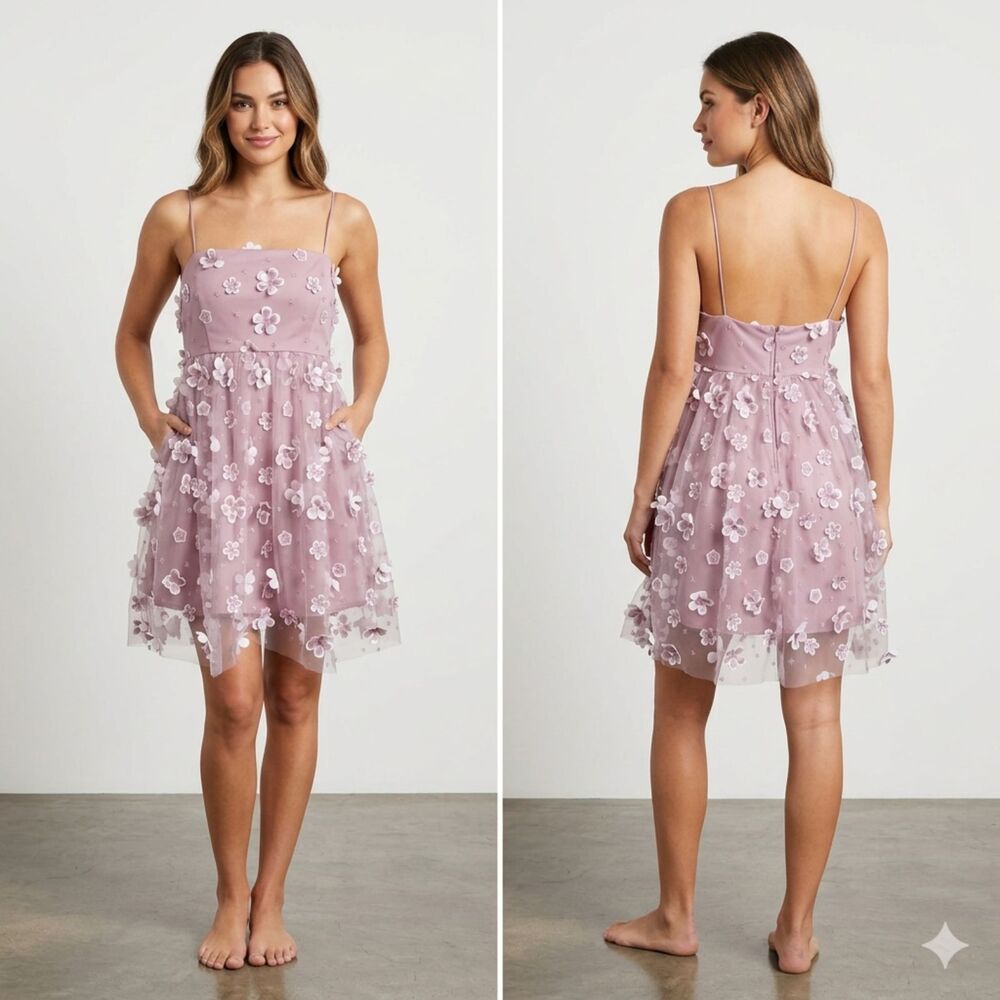 Altar'd State Aurora 3D Floral Mesh Babydoll Mini Dress Mauve Purple Medium M